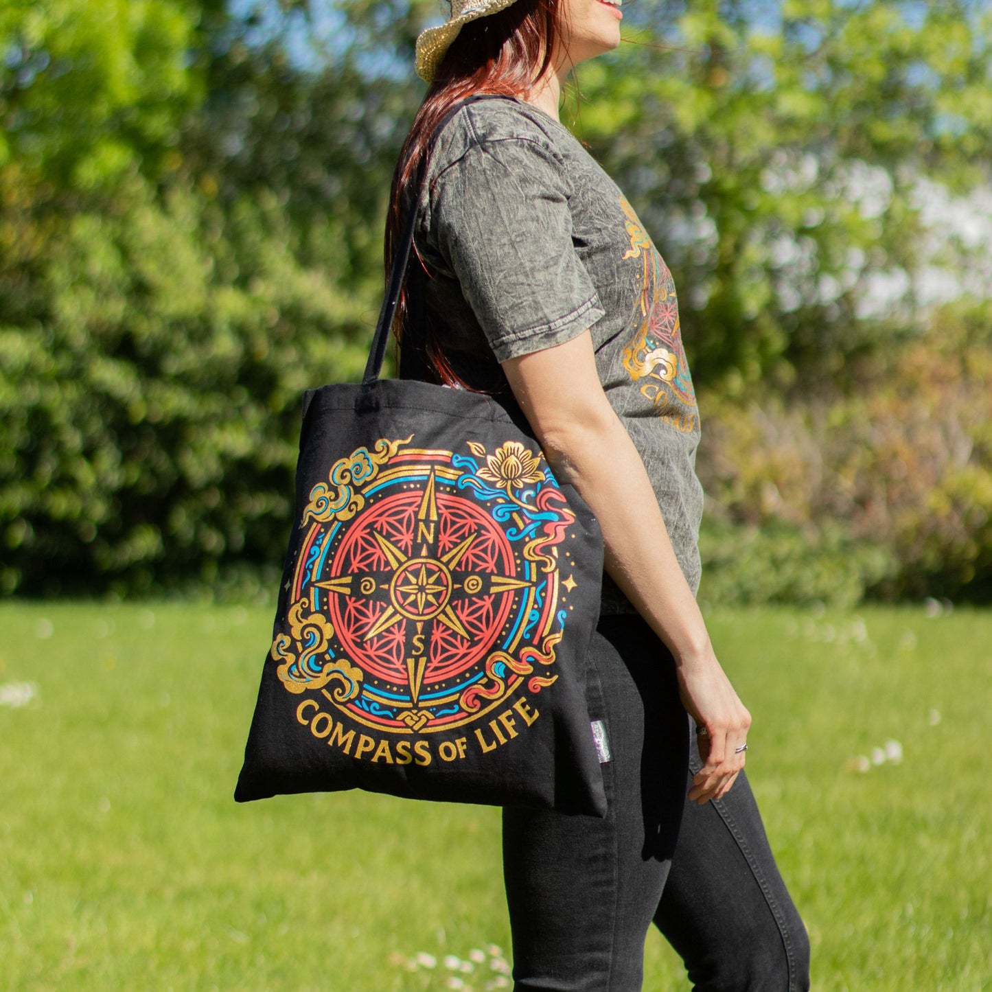 Compass of Life Black Cotton Tote Bag