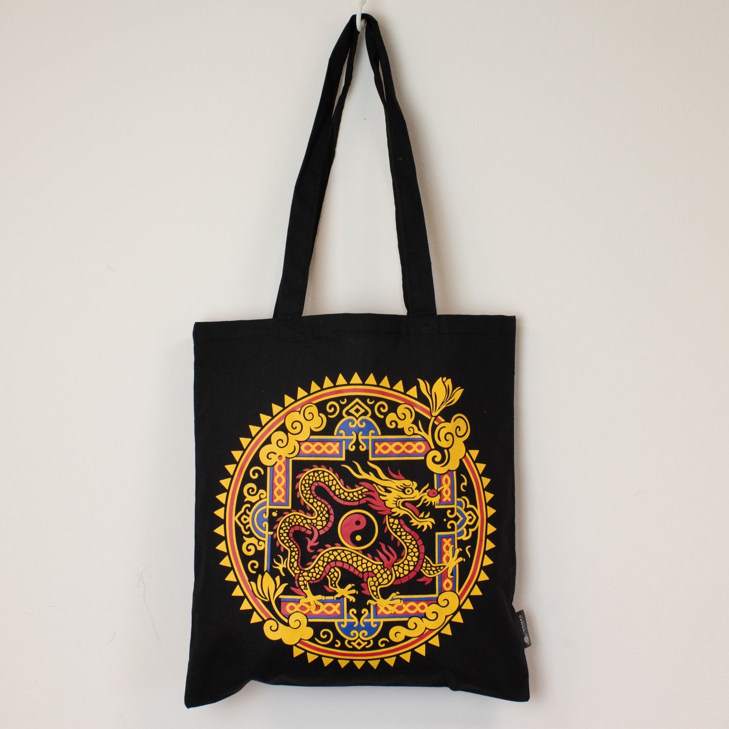 Dragon & Yin Yang Black Cotton Tote Bag
