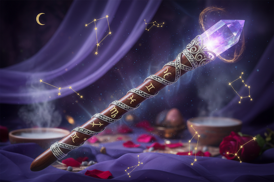 Crystal wand and zodiac rituals