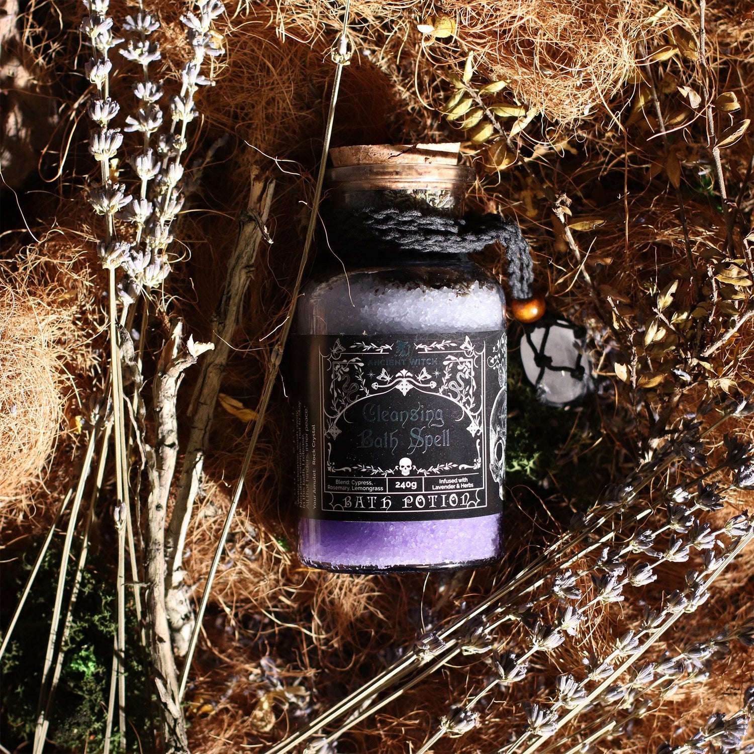 Ancient Witch Bath Spell Potion with Crystal Amulets