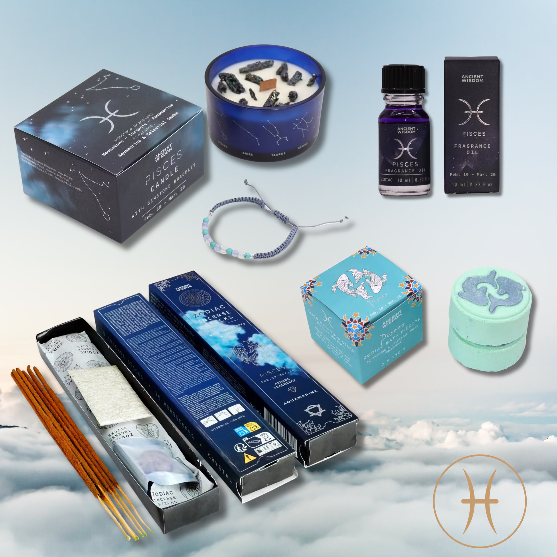 Pisces Zodiac Gift Set — Crystal Candle, Gemstone Bracelet, Bath Fizzers & Fragrance Oil