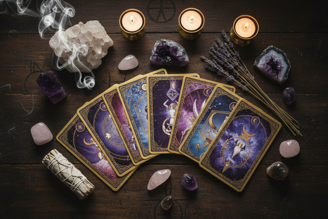 A mystical flat lay featuring multiple oracle card decks spread across a dark wooden altar table, soft candlelight illuminating the cards, surrounded by crystals including clear quartz and amethyst, dried lavender sprigs, a white sage smudge stick, and wisps of incense smoke curling through the air, shot from above, moody lighting with purple and blue tones, ethereal and spiritual atmosphere, professional photography style, shallow depth of field