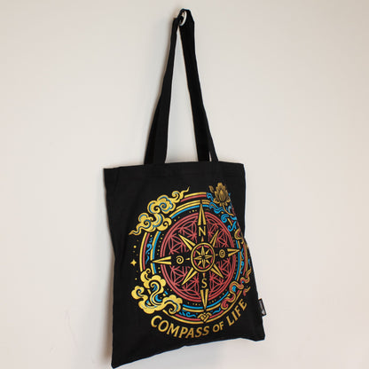 Compass of Life Black Cotton Tote Bag