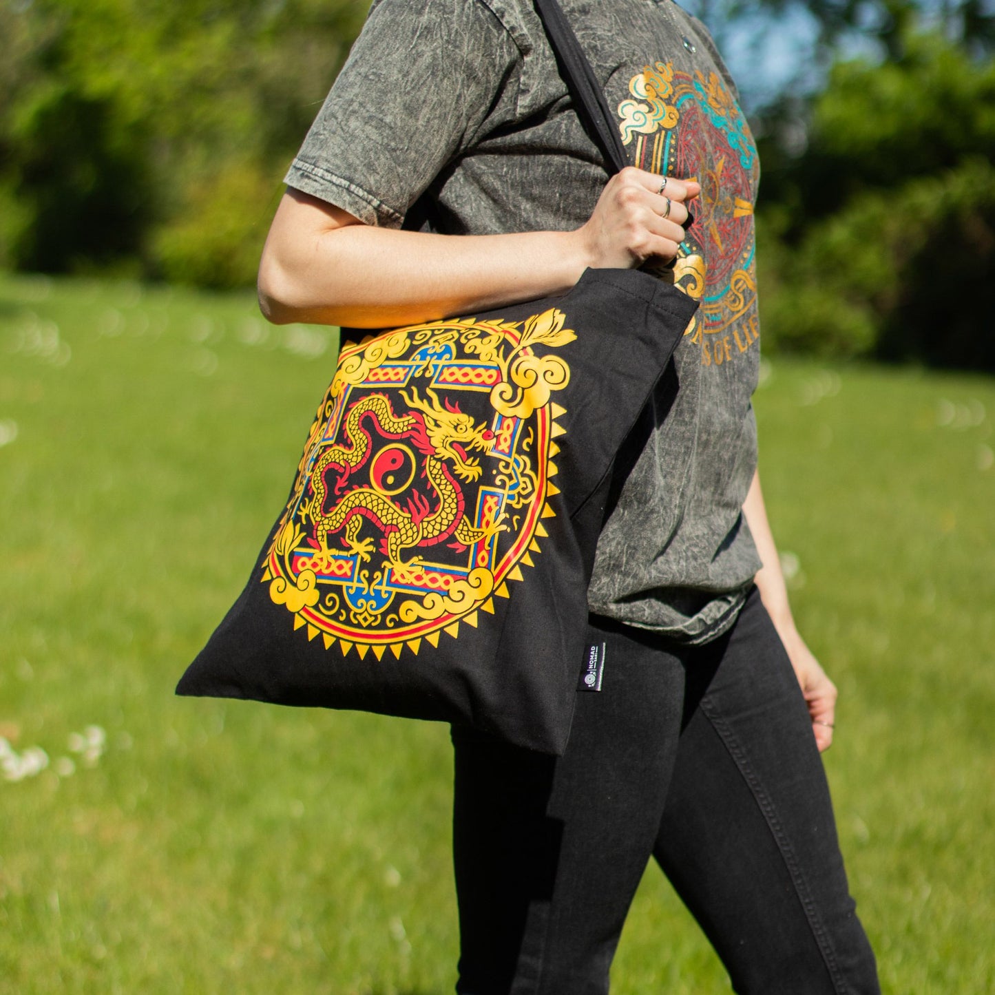 Dragon & Yin Yang Black Cotton Tote Bag