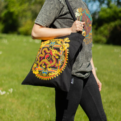 Dragon & Yin Yang Black Cotton Tote Bag