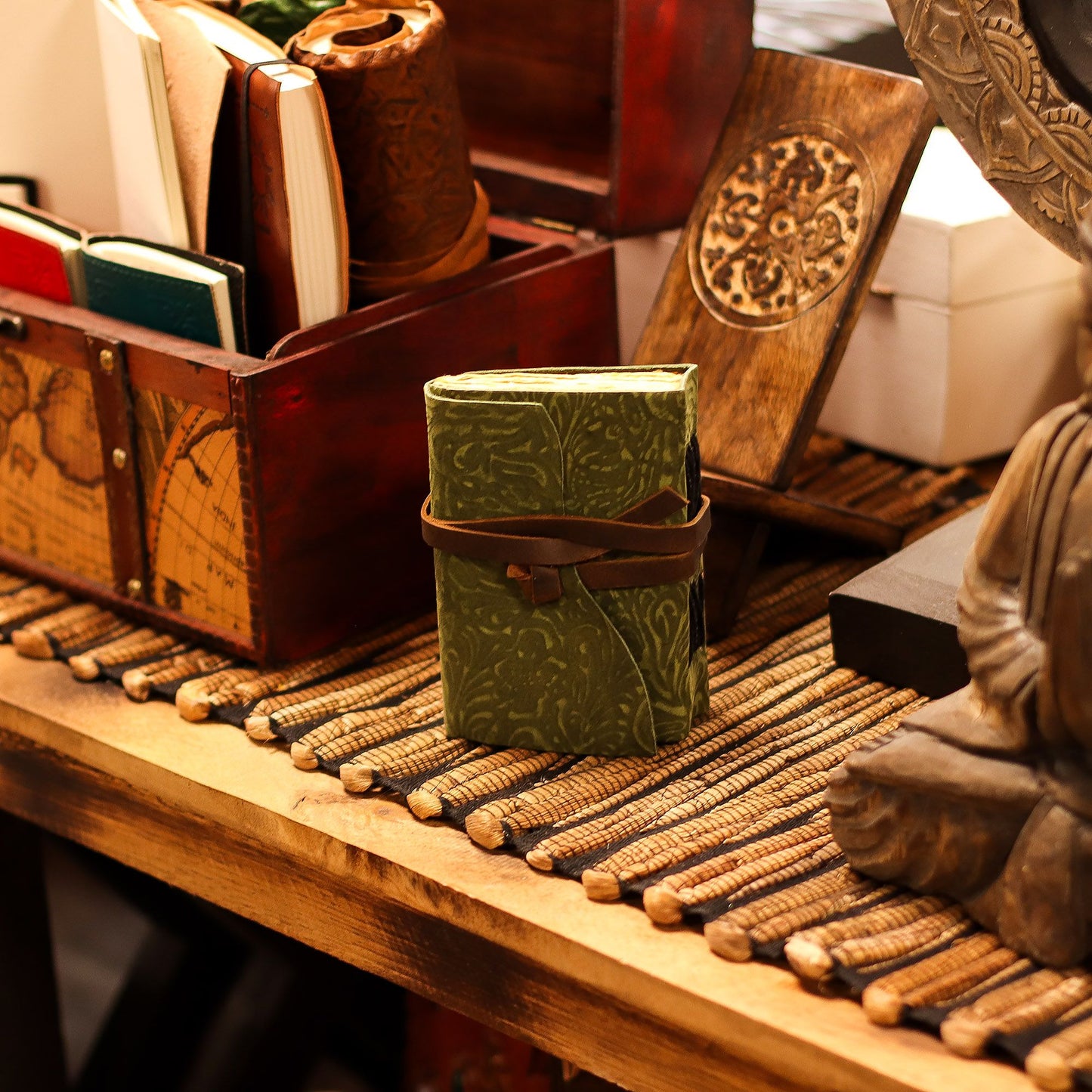 Fat Deckled Leather Notebook – Green Maze Pattern