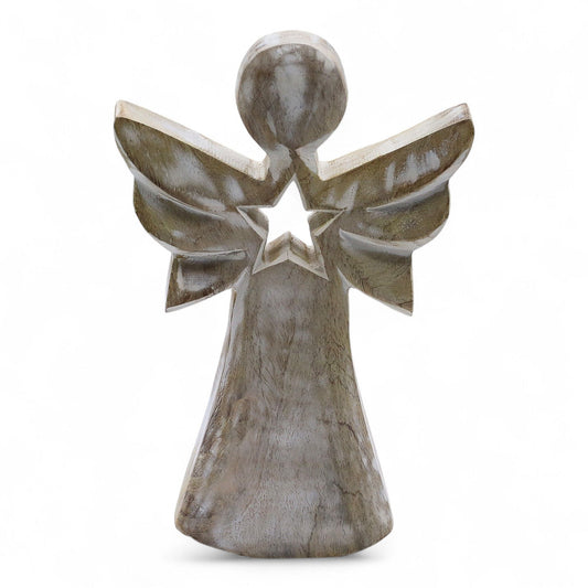 Mango Wood Angel - Whitewash with Star Cut Out