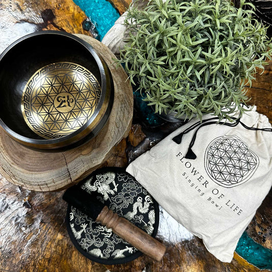 Hand Beaten & Engraved Singing Bowl Gift Set - Flower of Life