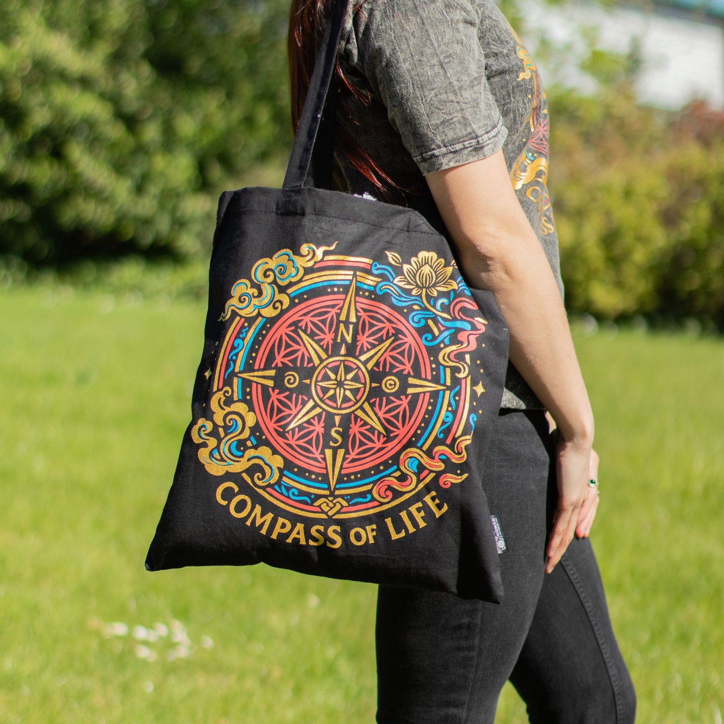 Compass of Life Black Cotton Tote Bag