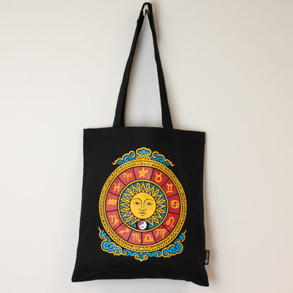 Zodiac Sun Black Cotton Tote Bag
