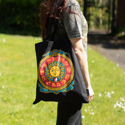 Zodiac Sun Black Cotton Tote Bag
