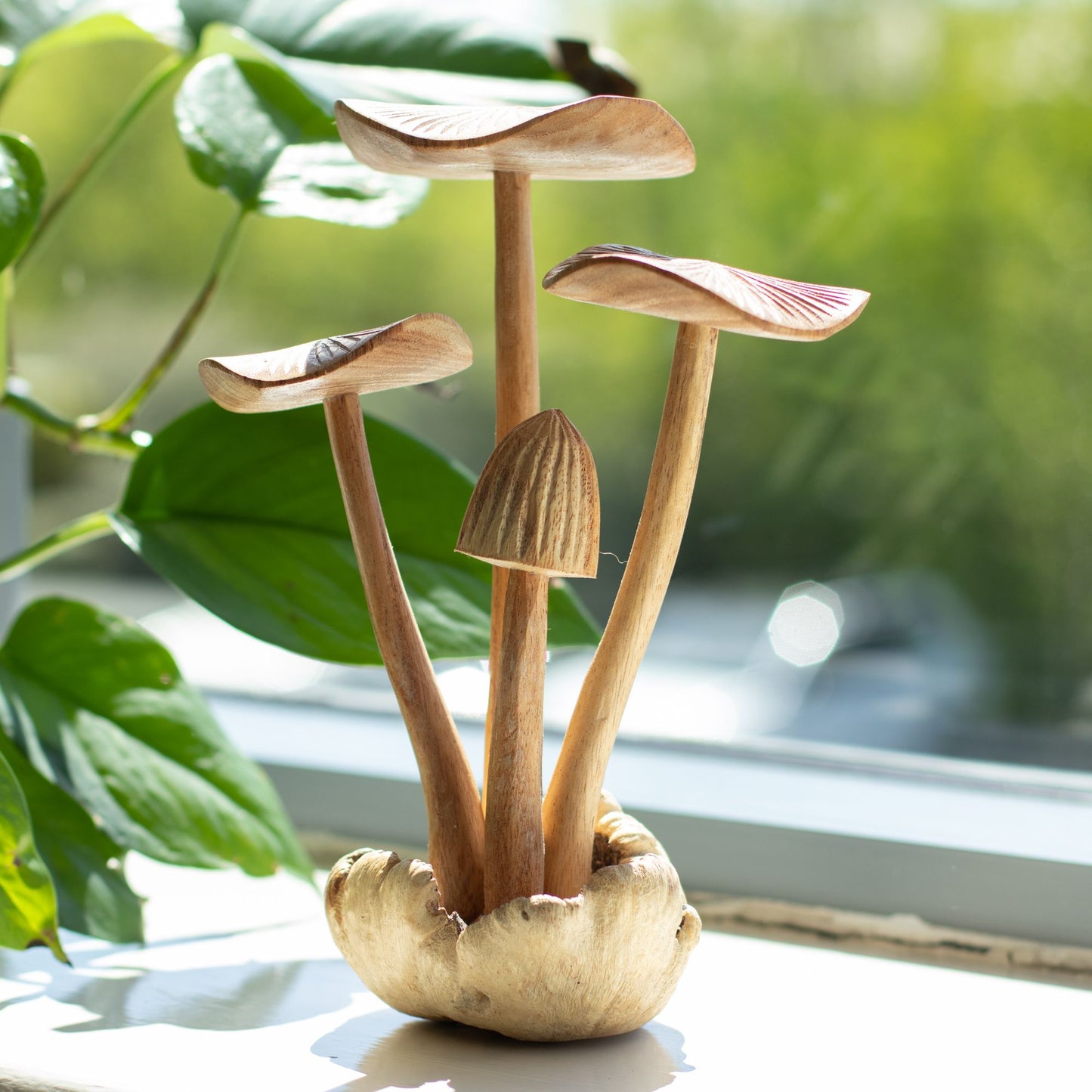 Tall Hand-Carved Wooden Mushroom Sculpture on Parasite Wood Base