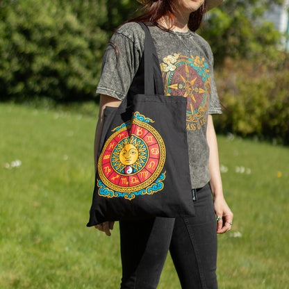 Zodiac Sun Black Cotton Tote Bag