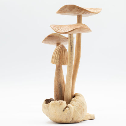 Tall Hand-Carved Wooden Mushroom Sculpture on Parasite Wood Base