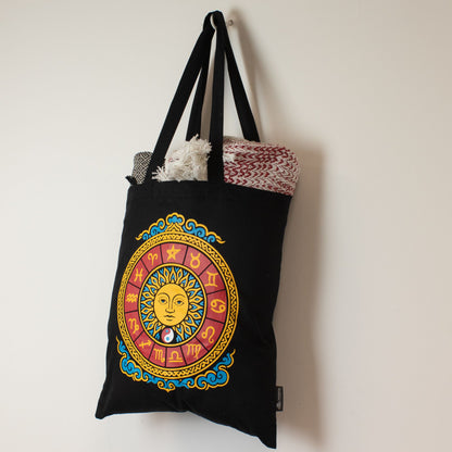 Zodiac Sun Black Cotton Tote Bag