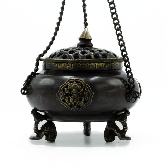Brass Tibetan Burner - Four Symbol Hanging Pot