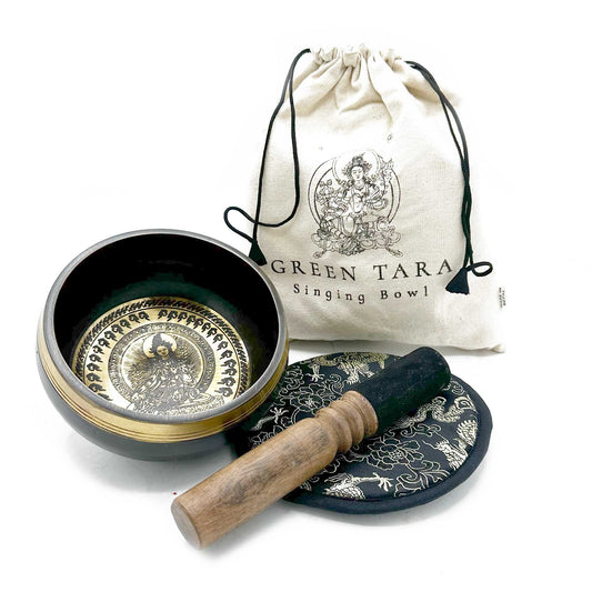 Hand Beaten & Engraved Singing Bowl Gift Set - Green Tara