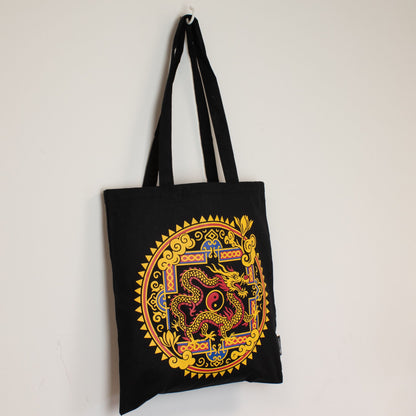 Dragon & Yin Yang Black Cotton Tote Bag