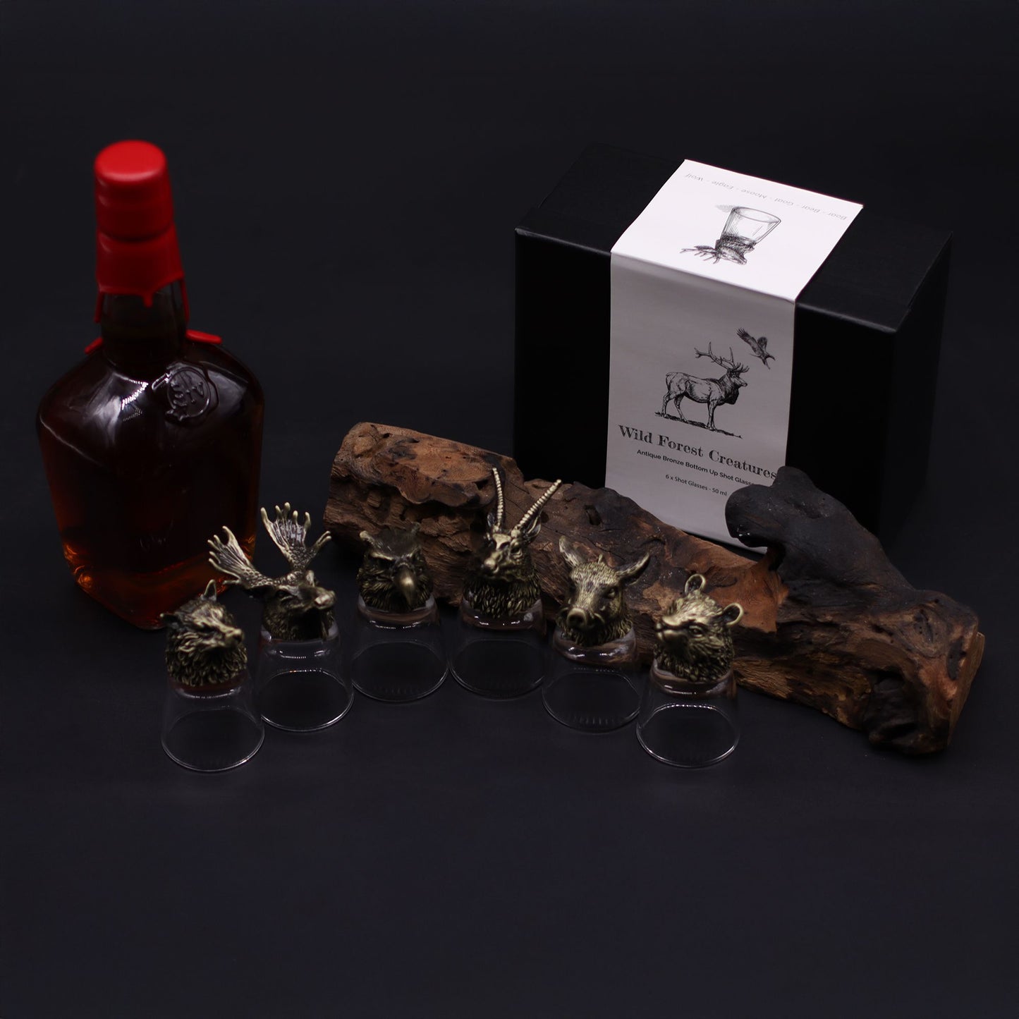 Gift Set of 6 Shot Glasses (50ml) - Wild Forest Creatures - Antique Bronze