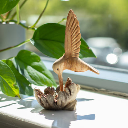 Hand-Carved Wooden Hummingbird on Parasite Wood Base