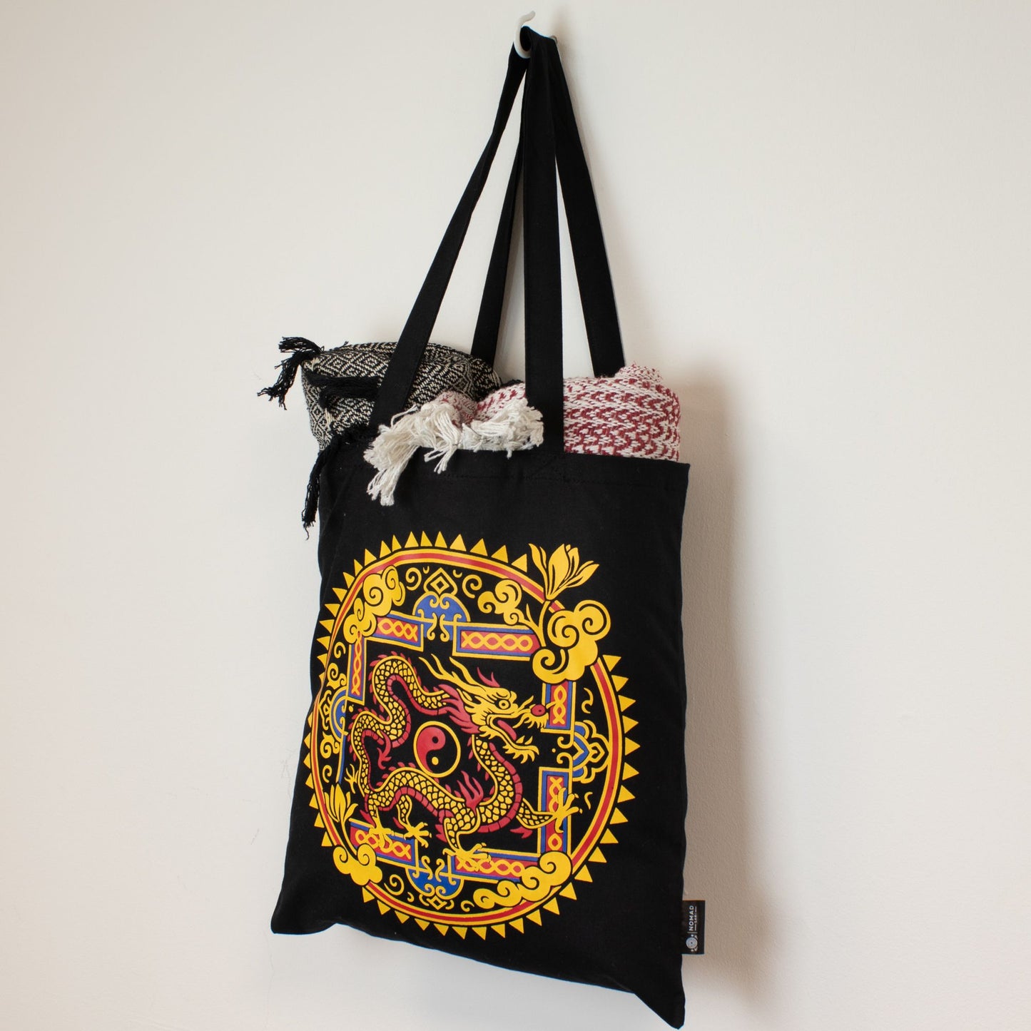 Dragon & Yin Yang Black Cotton Tote Bag