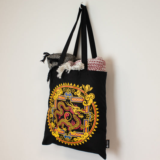 Dragon & Yin Yang Black Cotton Tote Bag