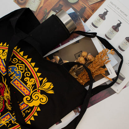 Dragon & Yin Yang Black Cotton Tote Bag