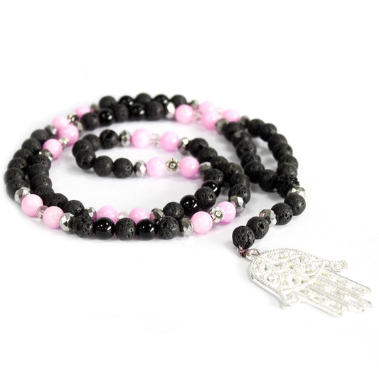 Hamsa Pink Black Gemstone Necklace