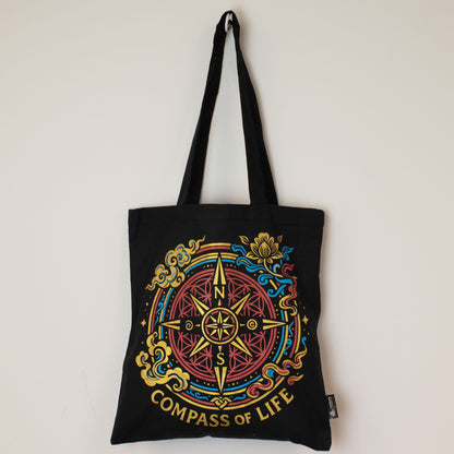 Compass of Life Black Cotton Tote Bag