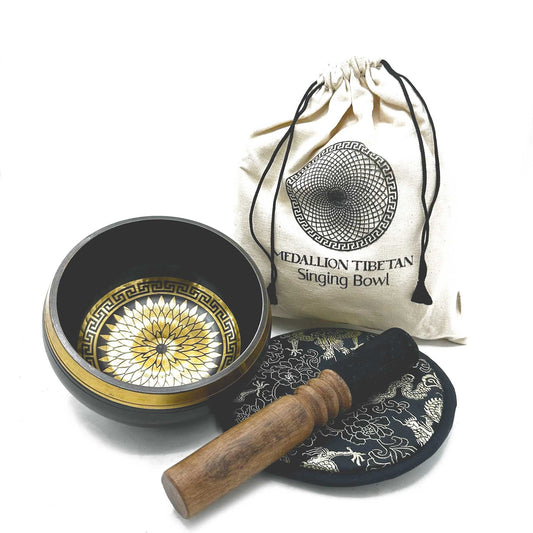 Hand Beaten & Engraved Singing Bowl Gift Set Round Medallions