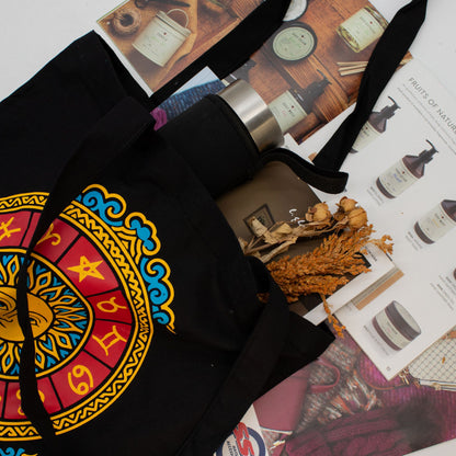 Zodiac Sun Black Cotton Tote Bag