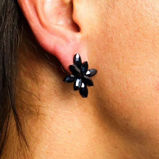 Jet Black - Vintage Glass - Flowers - Earrings
