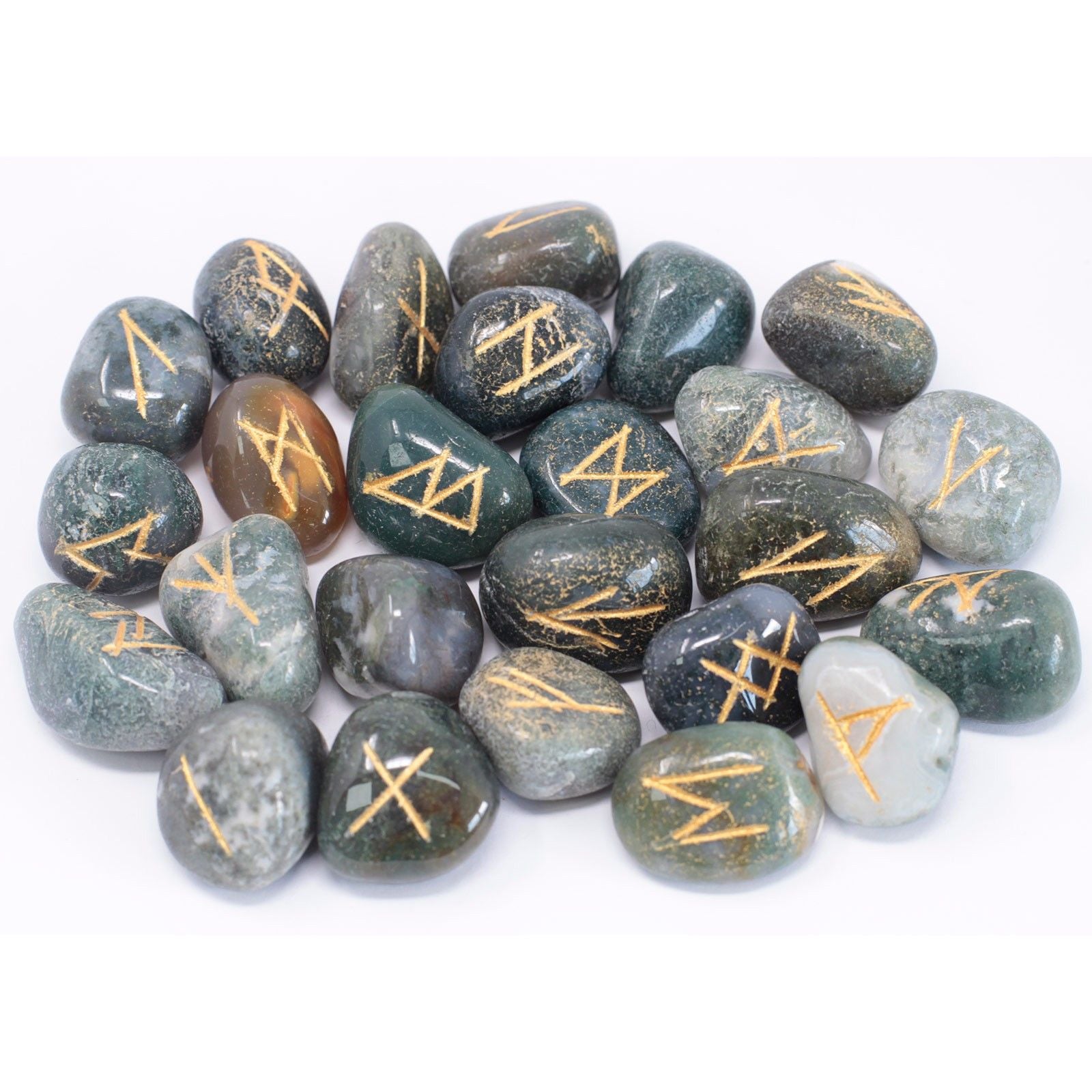 Moss Agate Rune Stones Set with Pouch | 25 Runes UK – Divine Warrior