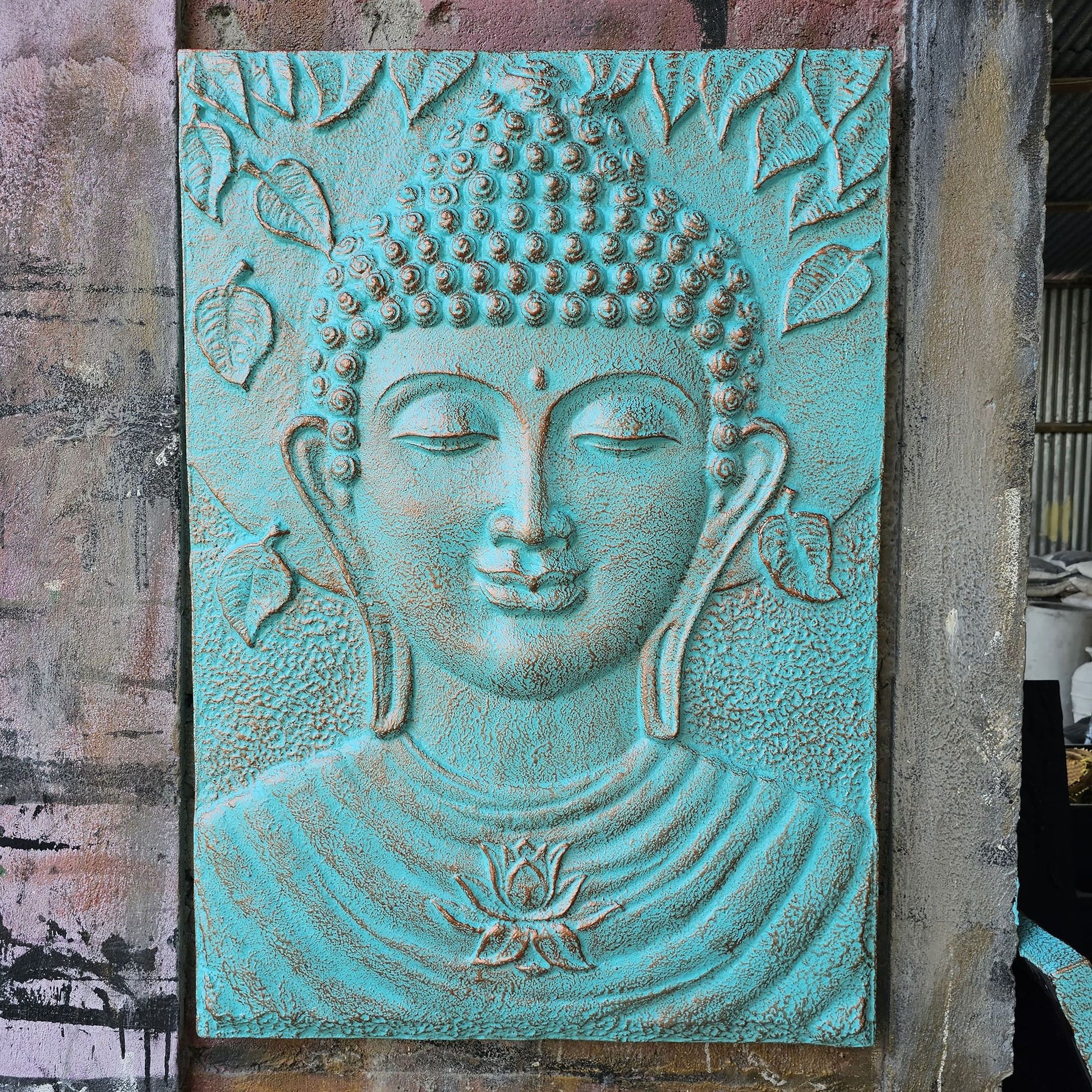Large Ganpati Iron Frame Turquoise Relief - 0.7x1m