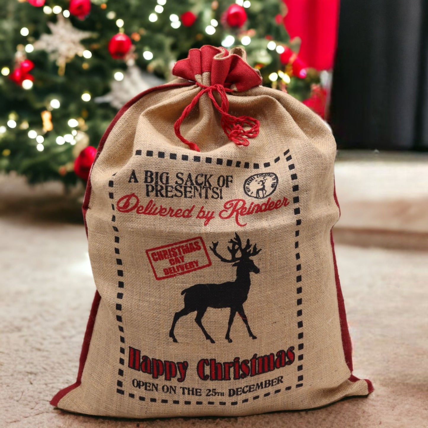 Delivered By Reindeer Jute Santa Sack
