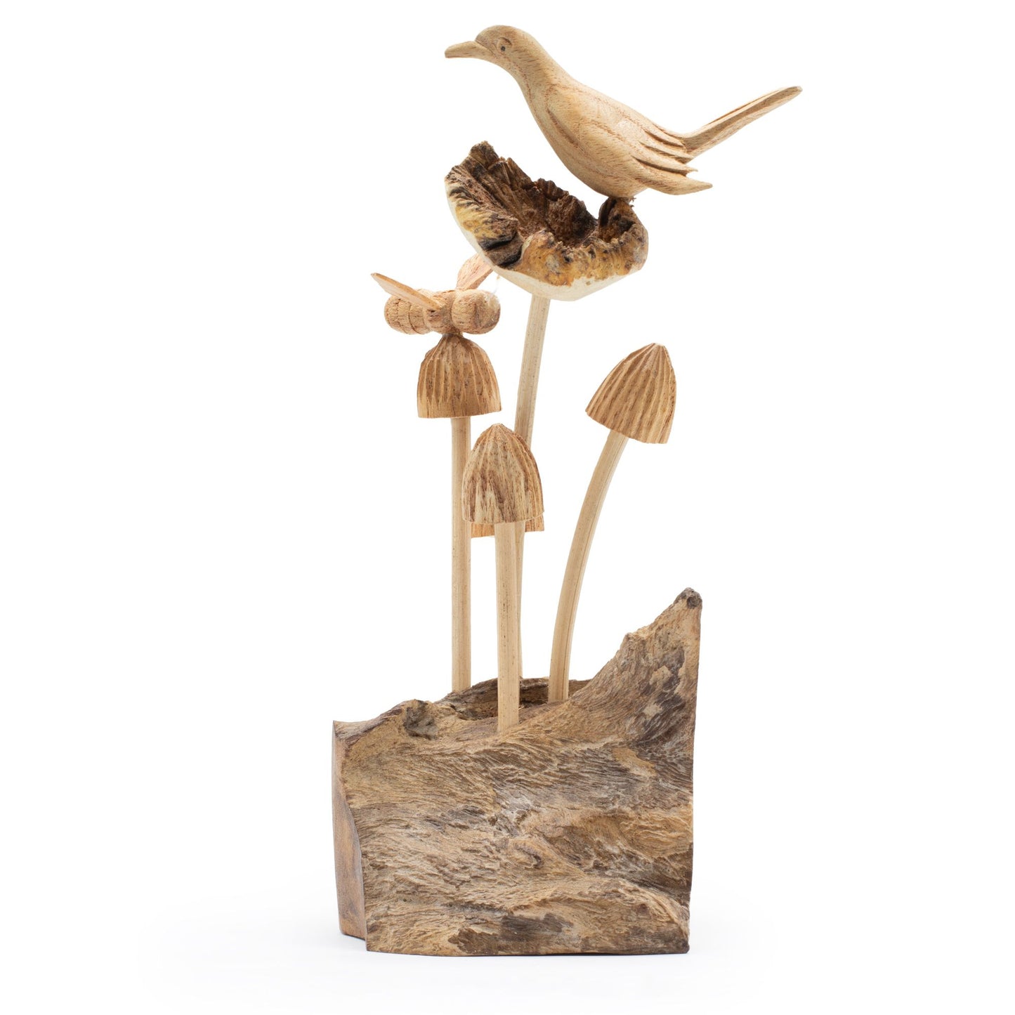 Handmade Parasite Wood Art Carving – Bird & Bee on Mushrooms