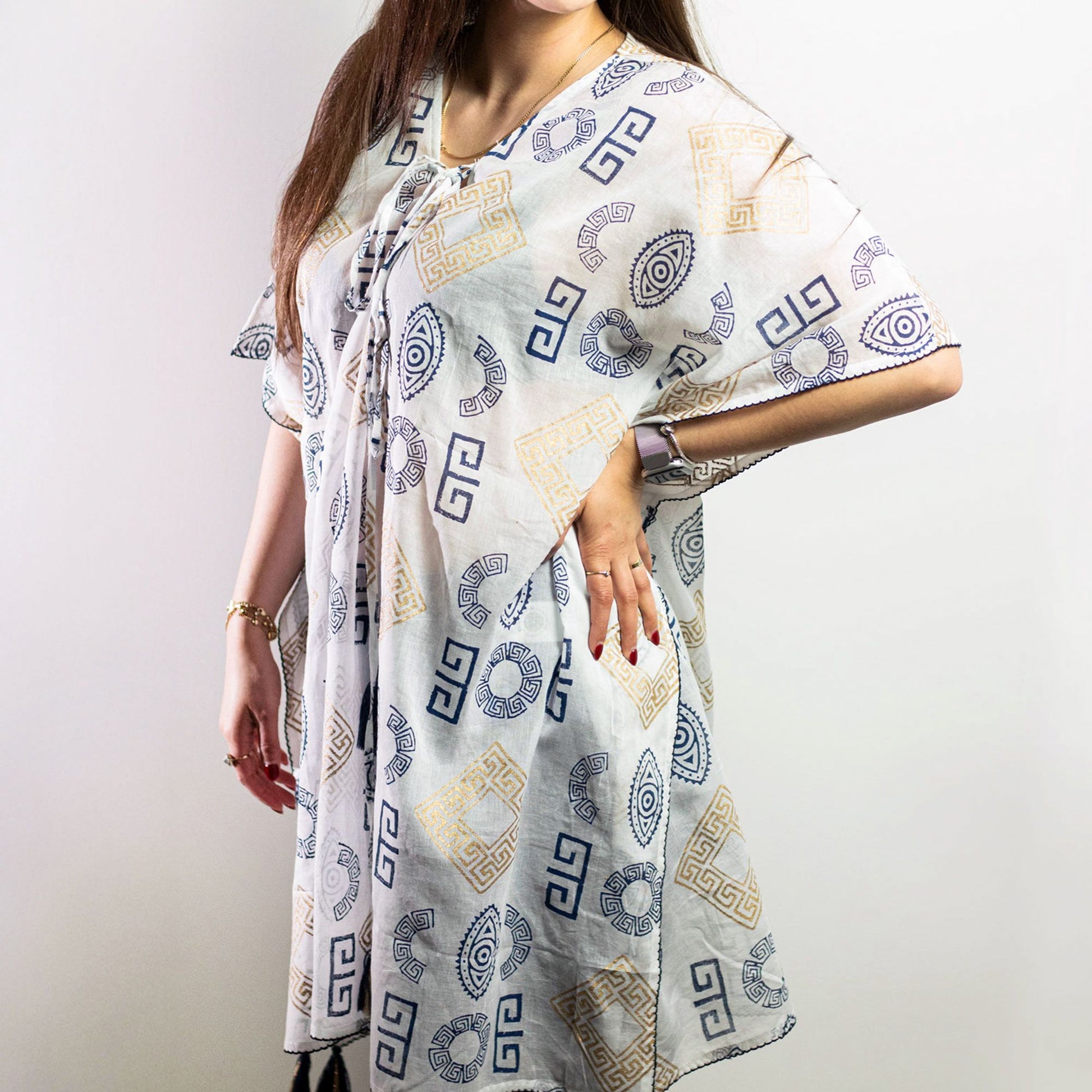 Nomad Sari Kaftan – Blue & Gold Greek Motif Print