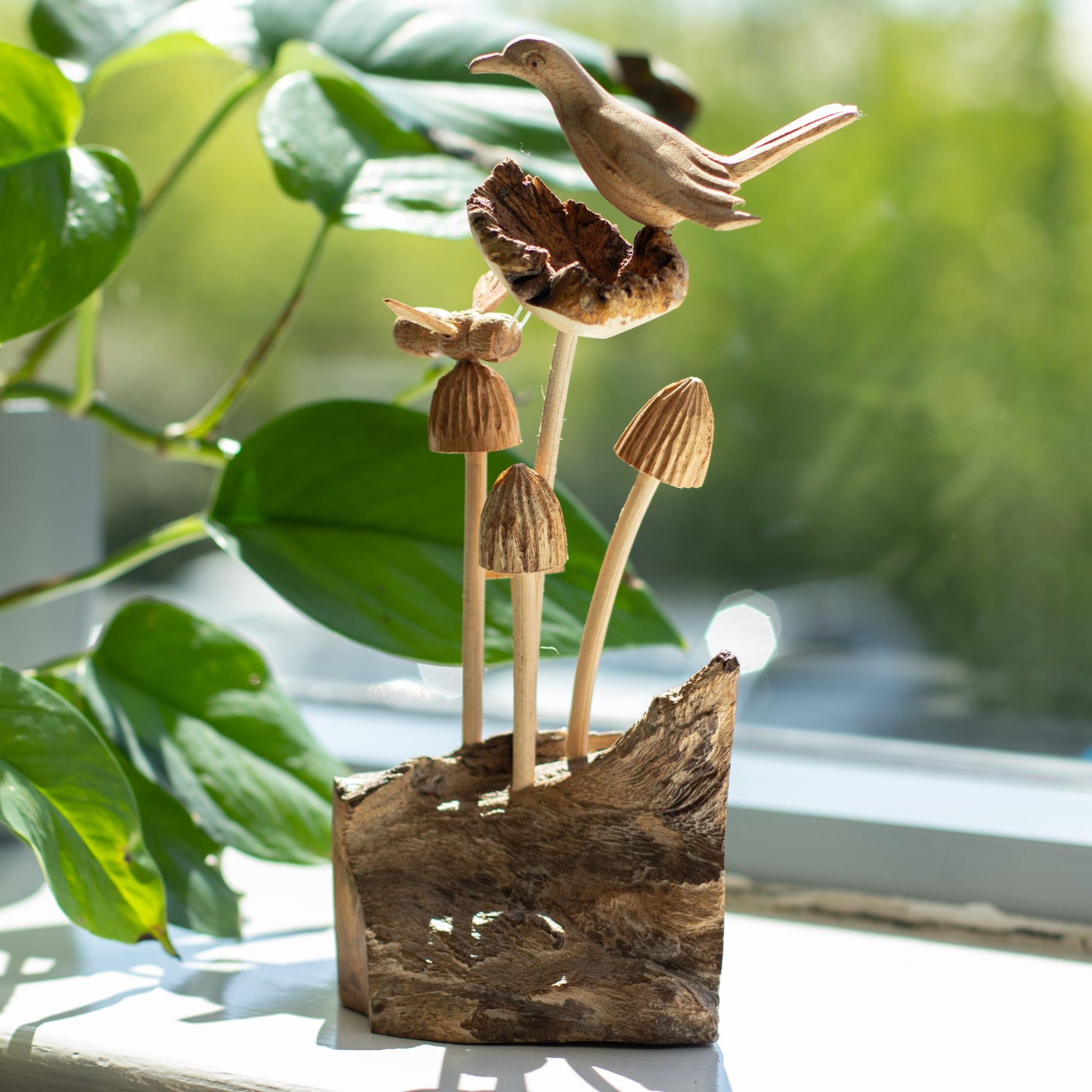 Handmade Parasite Wood Art Carving – Bird & Bee on Mushrooms