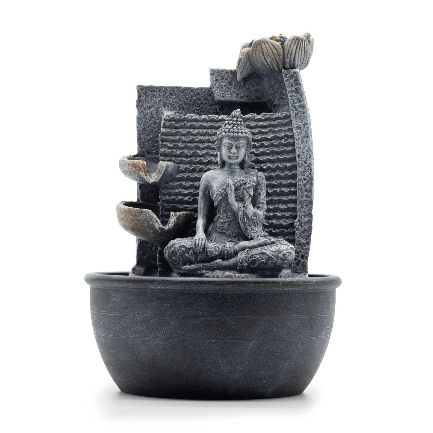 Tabletop Water Feature Buddha, Lotus Flower Cascading Pots