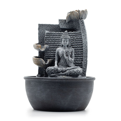 Tabletop Water Feature Buddha, Lotus Flower Cascading Pots