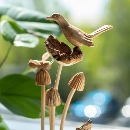 Handmade Parasite Wood Art Carving – Bird & Bee on Mushrooms