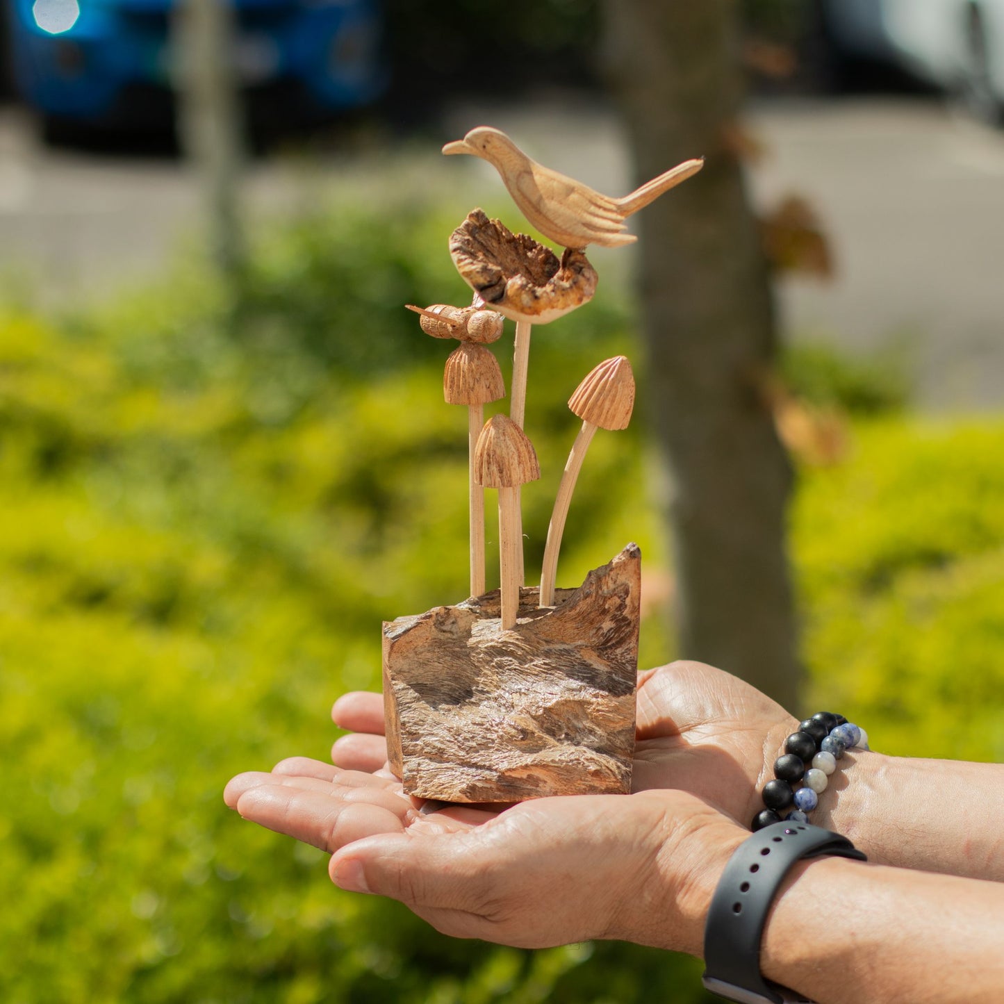 Handmade Parasite Wood Art Carving – Bird & Bee on Mushrooms