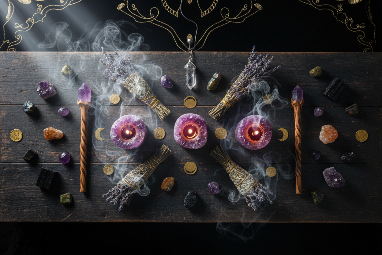 Cinematic altar flatlay with glowing crystal candles, dried herb bundles, suspended crystal pendulum catching light, wooden wands with crystal tips, raw gemstones, sacred smoke wisps, dramatic moonlight and candlelight, deep purple black and gold tones, luxury spiritual brand aesthetic, ultra wide 16:9 hero banner, photorealistic commercial photography​​​​​​​​​​​​​​​​